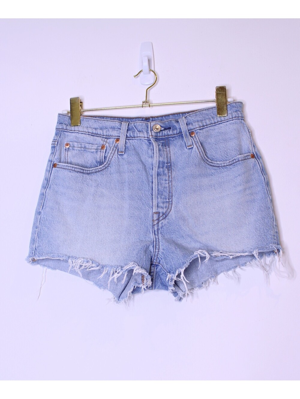 Levis 501 Blue Distressed Crop Shorts - W30